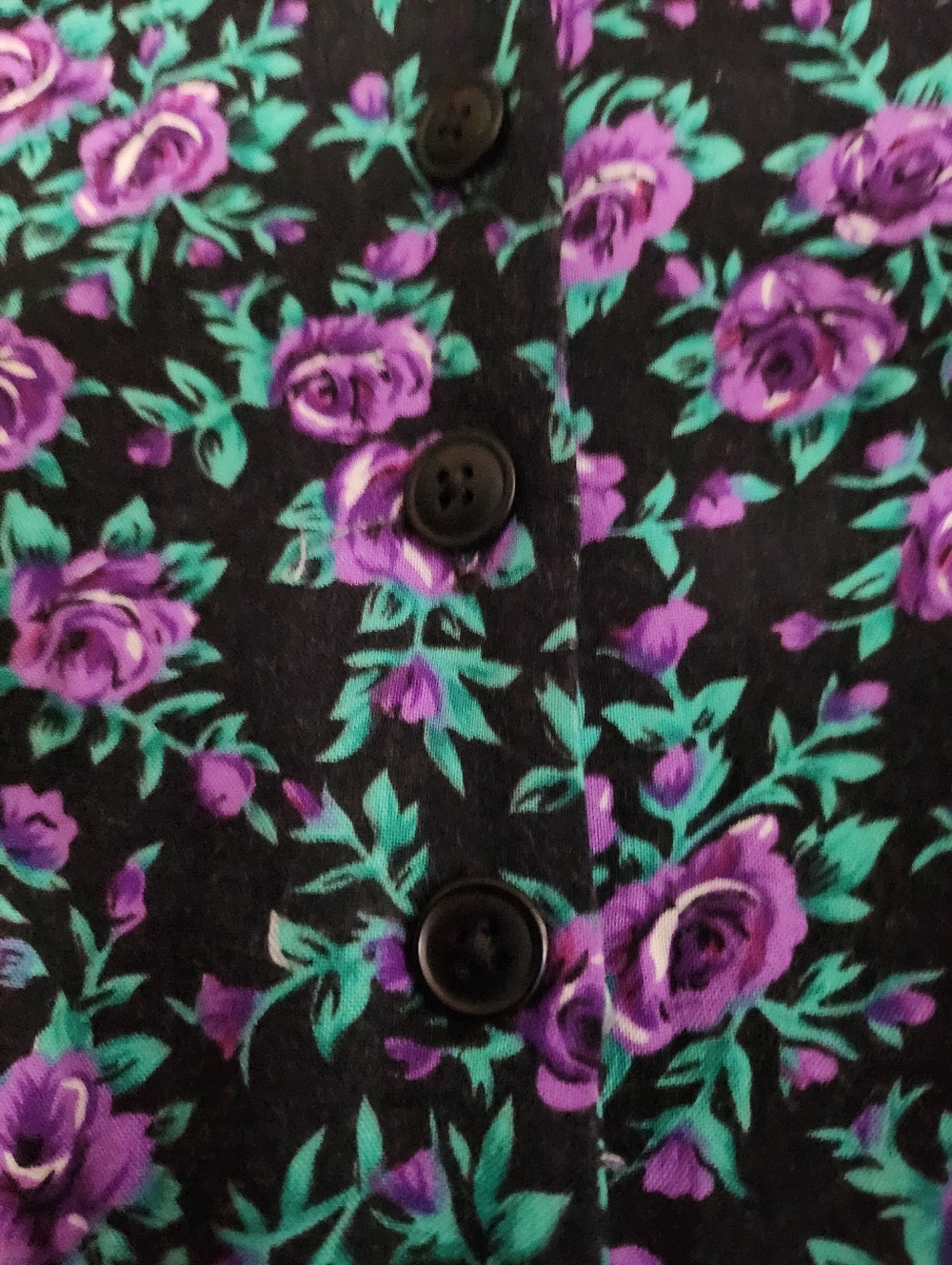 Vintage 90's Floral Button Front Midi Dress in Black with Purple & Teal Flowers - Picture 5 of 8